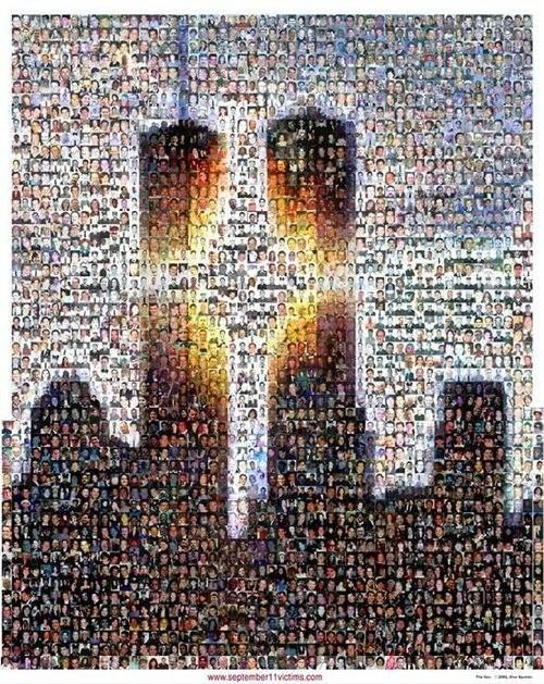 NY skyline collage consisting of the faces of all the 9/11 victims 